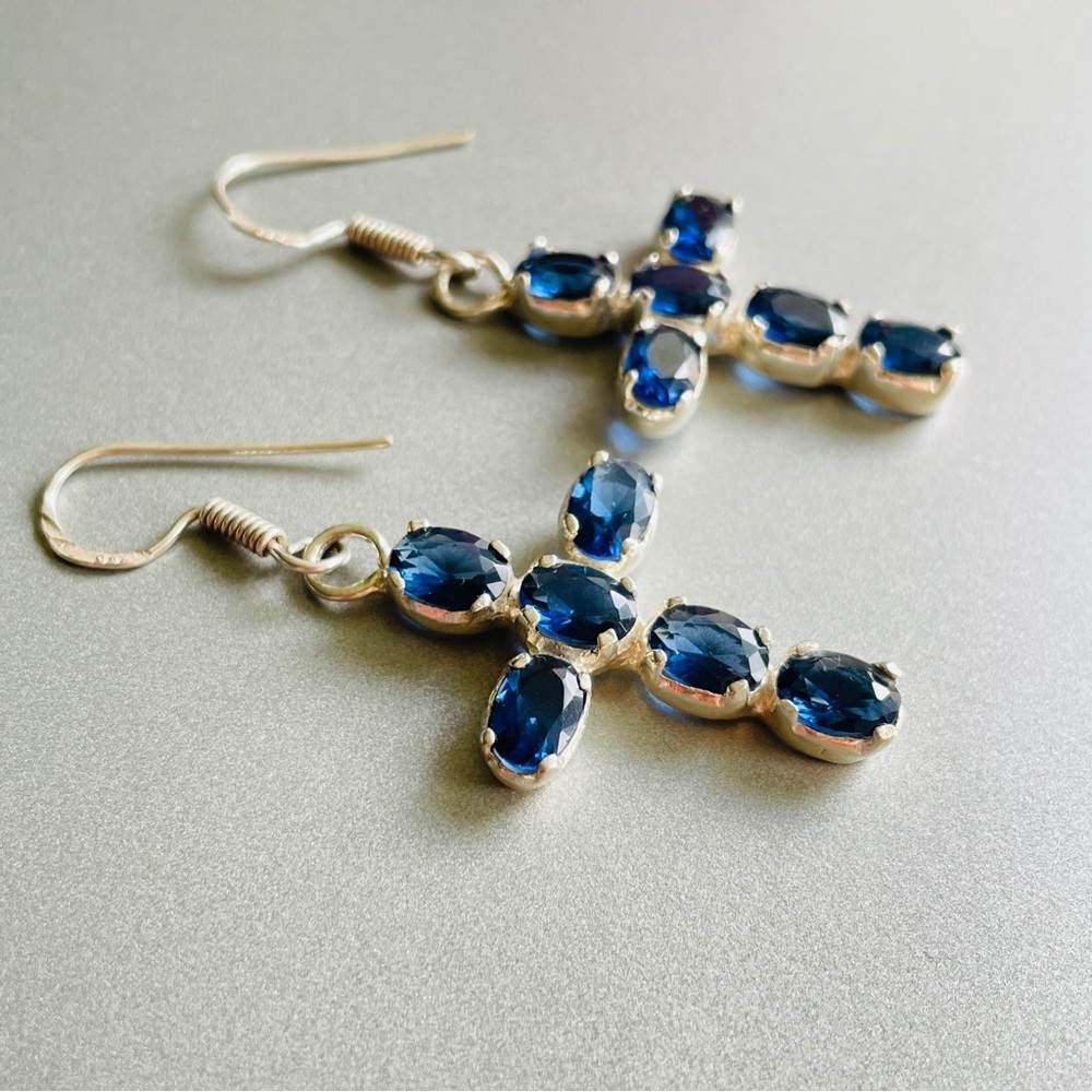 Blue Faux Sapphire (CZ) Dangle Cross Hook Earrings in Sterling Silver Vi… - Picture 5 of 7